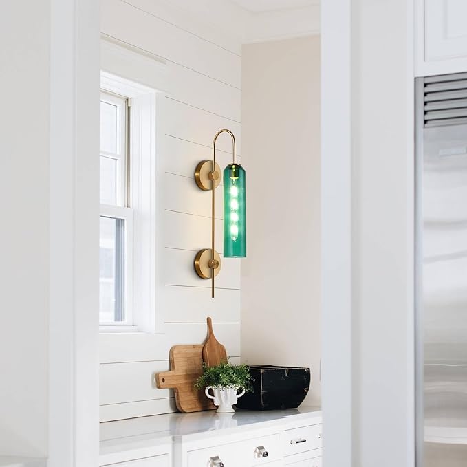 BOKT Modern Gold Wall Sconce Green Glass Hardwired Bedside Wall Light Fixtures Mid Century Long Metal Wall Sconce Single Hardwired Bathroom Bar Wall Lamp (Green)