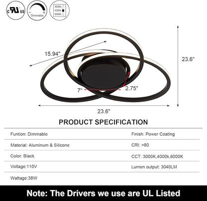 MADEM Room Decor 23.6'' Modern LED Ceiling Light Dimmable Flush Mount for Bedroom Black LED Chandelier Close to Ceiling Light for Living Room Dining Room Kitchen Hallway, 38W 3000K-6000K