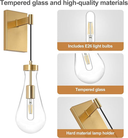 BELS 17inch Gold Wall Sconce, Modern Raindrop Shade Wall Light, 3000K Warm Light, E26, Hardwire Wall Light Fixtures for Living Room, Bedroom, Dining Room, 1 Pack(Bulb Included)