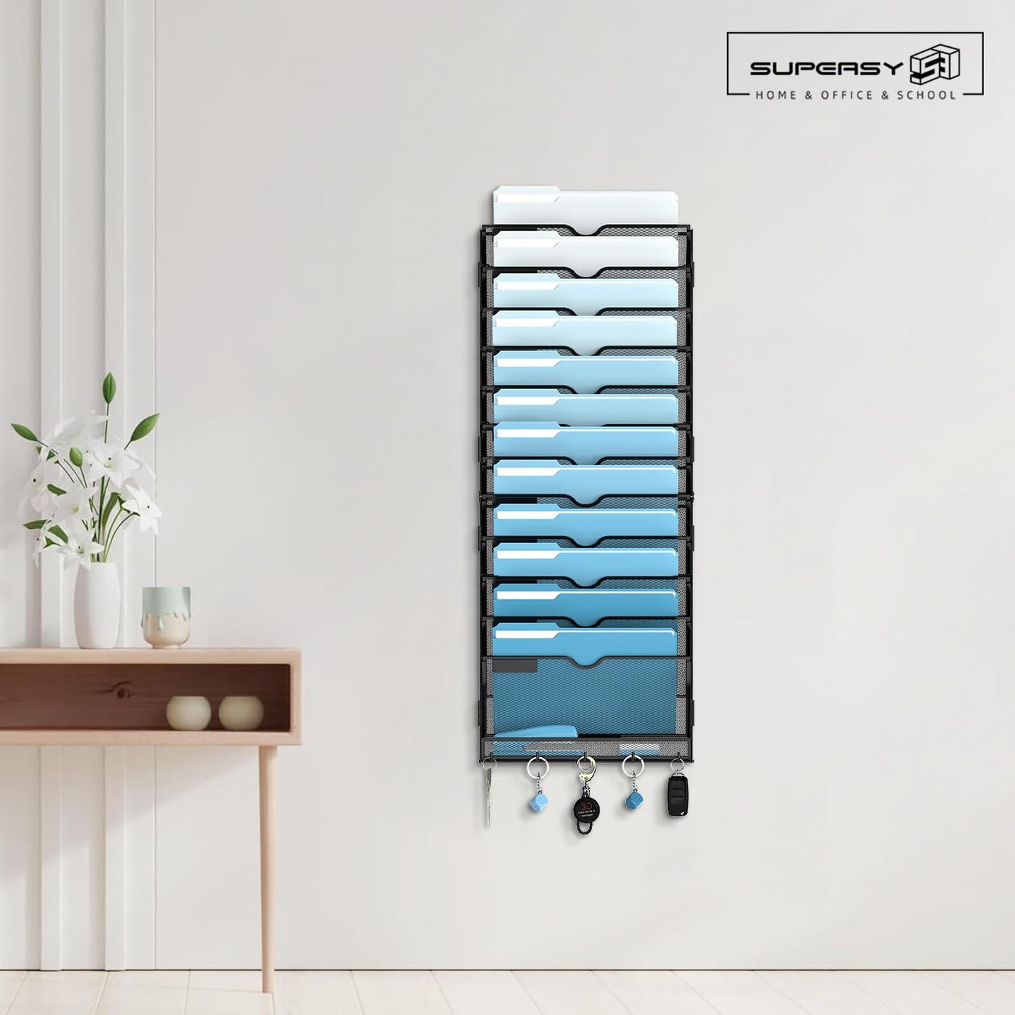 SUPEASY 13-Tier Wall File Organizer, Wall File Holder with Hooks, Mesh Hanging File Organizer, Mail Organizer Wall Mounted for Papers, Folders, Office Magazine Rack, Assembly Needed, Black