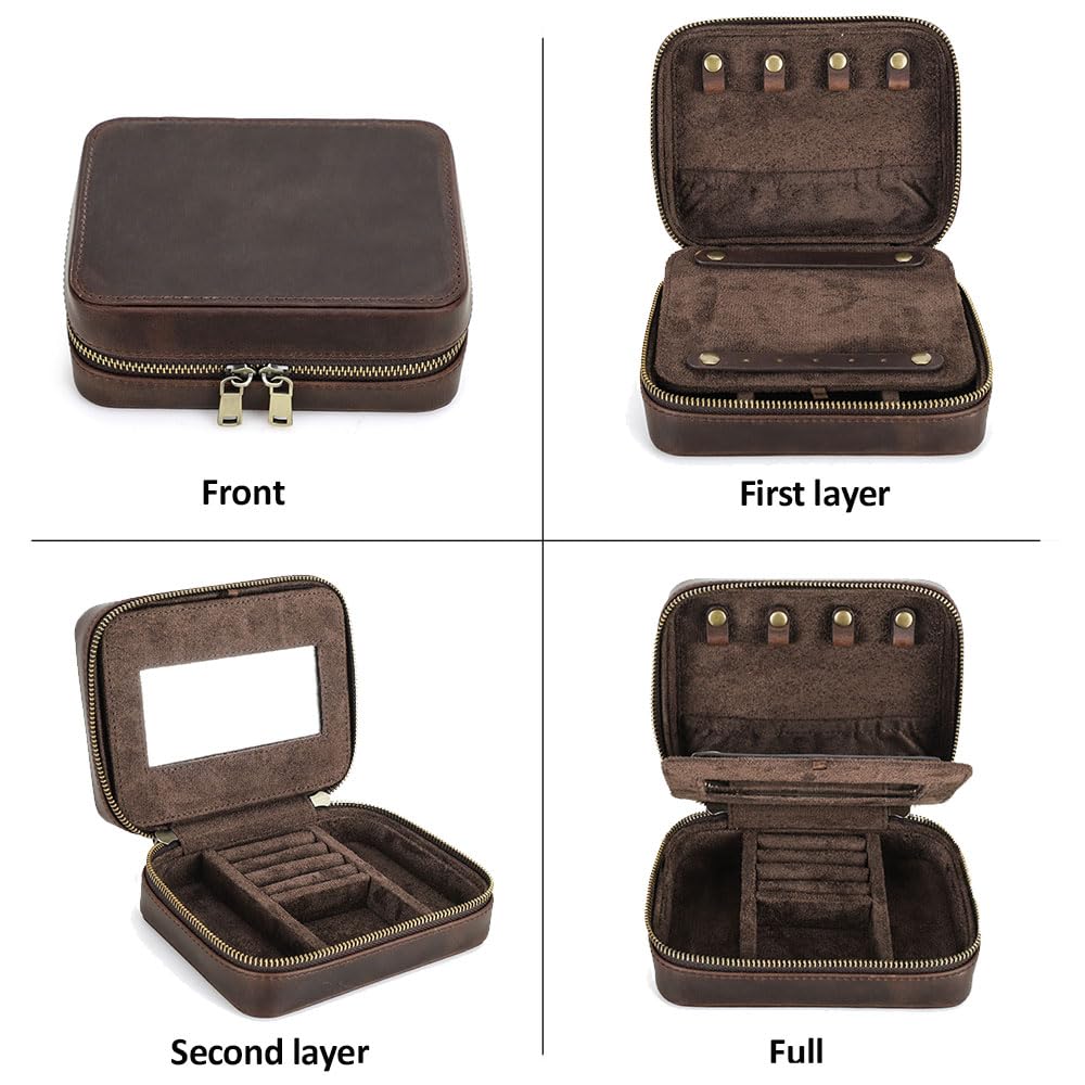 CONTACTS Full Grain Leather Jewelry Box for Men Travel Jewelry Organizer by Handmade Zipper Jewelry Cufflinks Ring Necklace Bracelet Storage Case with Mirror, Rectangular+mirror, Coffee