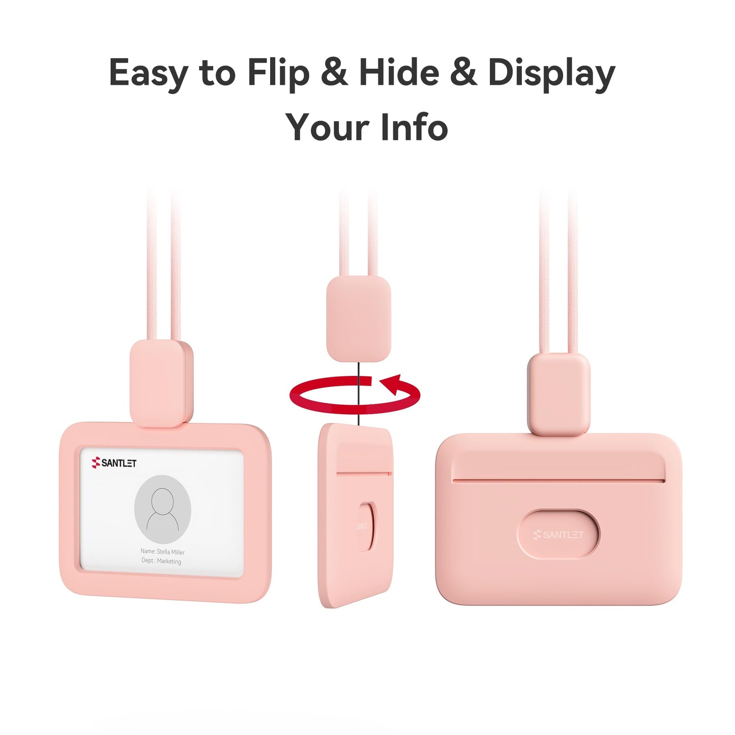 Lanyards for ID Badges Holder, SANTLET Silicone ID Badge Holder Name Card Case Protector with Retractable Cord, Safety Breakaway Buckle, 2 Card Slots for Office Staff Employees, Horizontal Pink