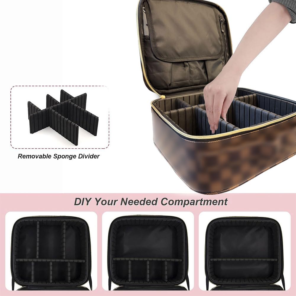 WANNES Brown Checkered Makeup Bag Organizer Travel Cosmetic Case with Brush Storage | Large Capacity Makeup & Skin Care Organizer with Adjustable Dividers | Stylish PU Leather Designer Vanity Bag