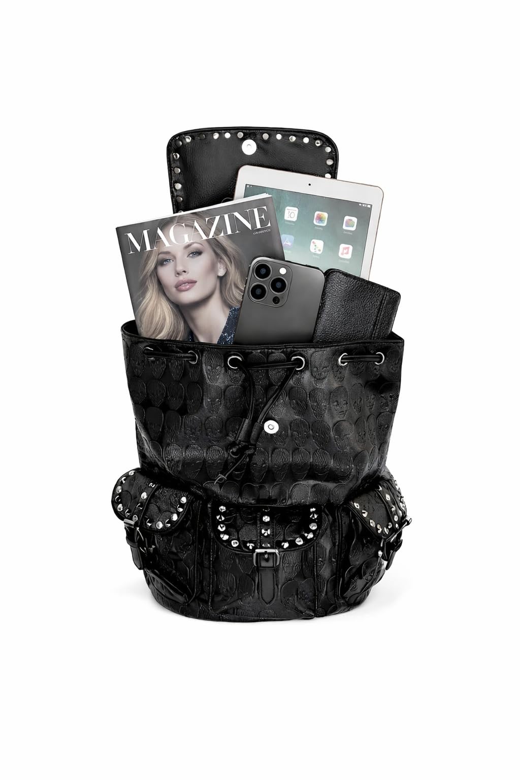 SandraWang ‌Gothic Skull Studded Backpack for Women & Men, Structured PU Leather Punk Bookbag with Drawstring Flap, A4 & Tablet Friendly Alternative Fashion Design