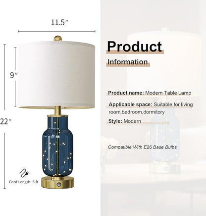 Oneach 22" Glass Table Lamps Set of 2, Blue Modern Bedside Lamp with LED Night Light for Living Room, Nightstand Lamp with USB Ports for Bedrooms, Study Room, End Table(2 Bulbs Included)