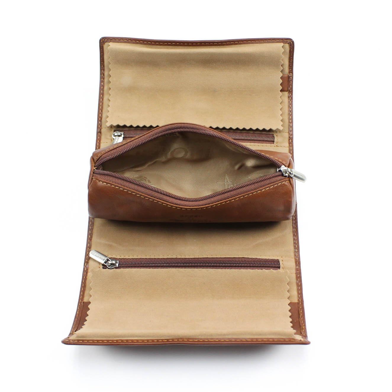 Tony Perotti Womens Italian Cow Leather Premium Combination Jewelry Roll with Tie Closure in Cognac
