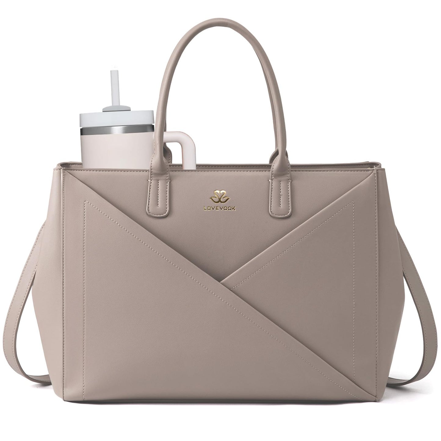 LOVEVOOK Laptop Tote Bag for Women with Large Cup Holder, 16 Inch PU Leather Work Bag Teacher Tote Bag, Waterproof Computer Bags Business Office Briefcase Handbag