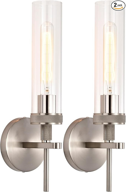 Brushed Nickel Bathroom Vanity Light, Wall Sconces Set of 2 with Knurled Texture, Chrome Silver Wall Lamps with Clear Glass Shade, Modern Industrial Bathroom Lighting Fixtures Over Mirror