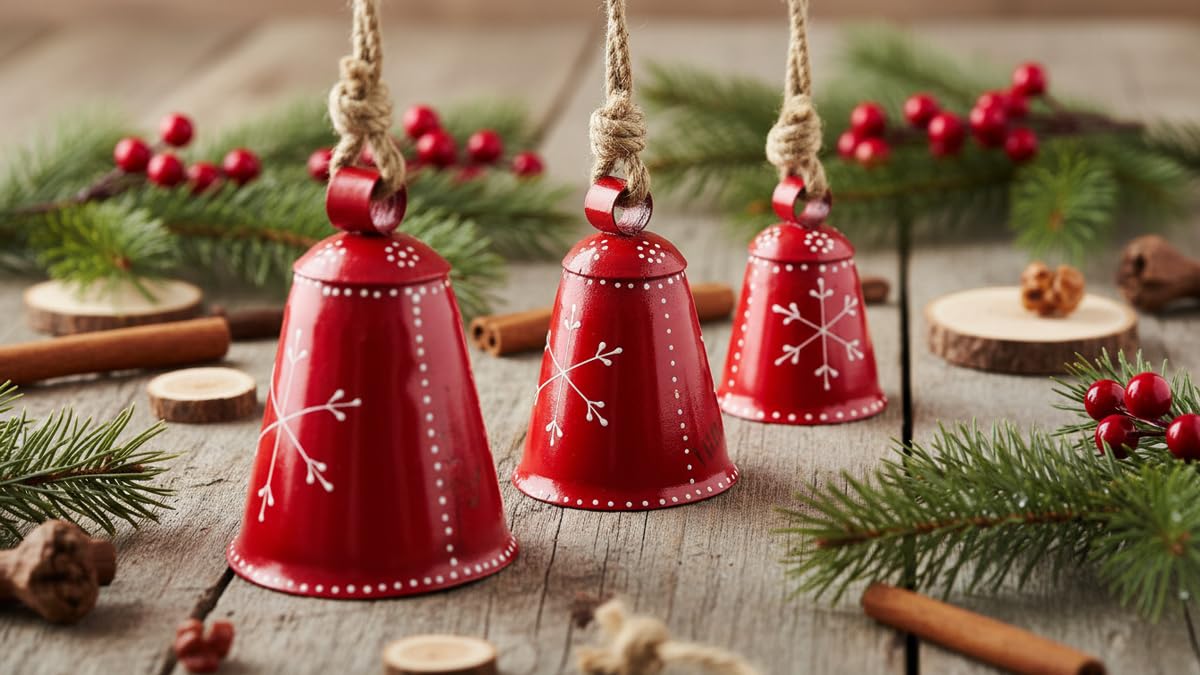 Christmas Bells Rustic Decor Christmas Big Ornaments Handcrafted Hanging Bell Home Decor Bells Set of 3 (Red)