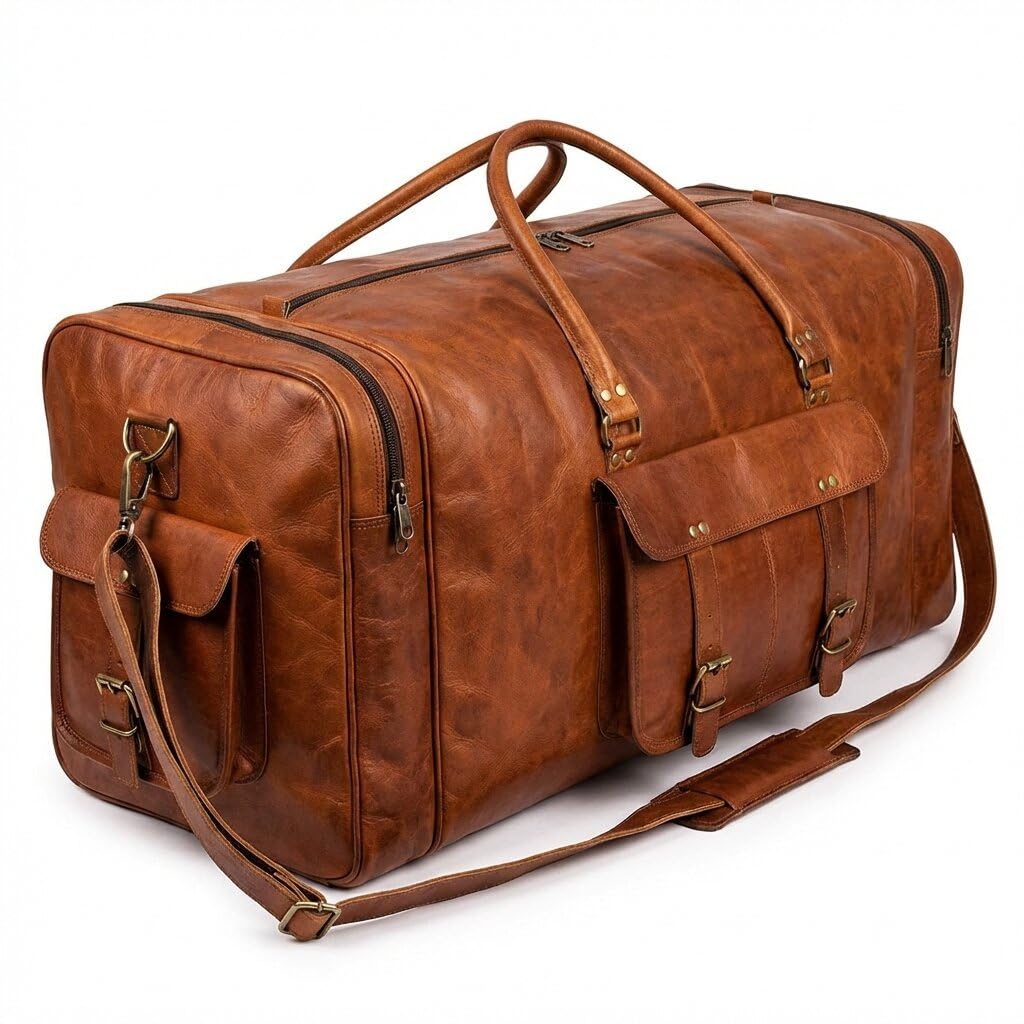 Leather 24 Inch Luggage Handmade Duffel Bag Carryall Weekender Travel Overnight Gym Sports Carry On Duffel Bag For Men And Women