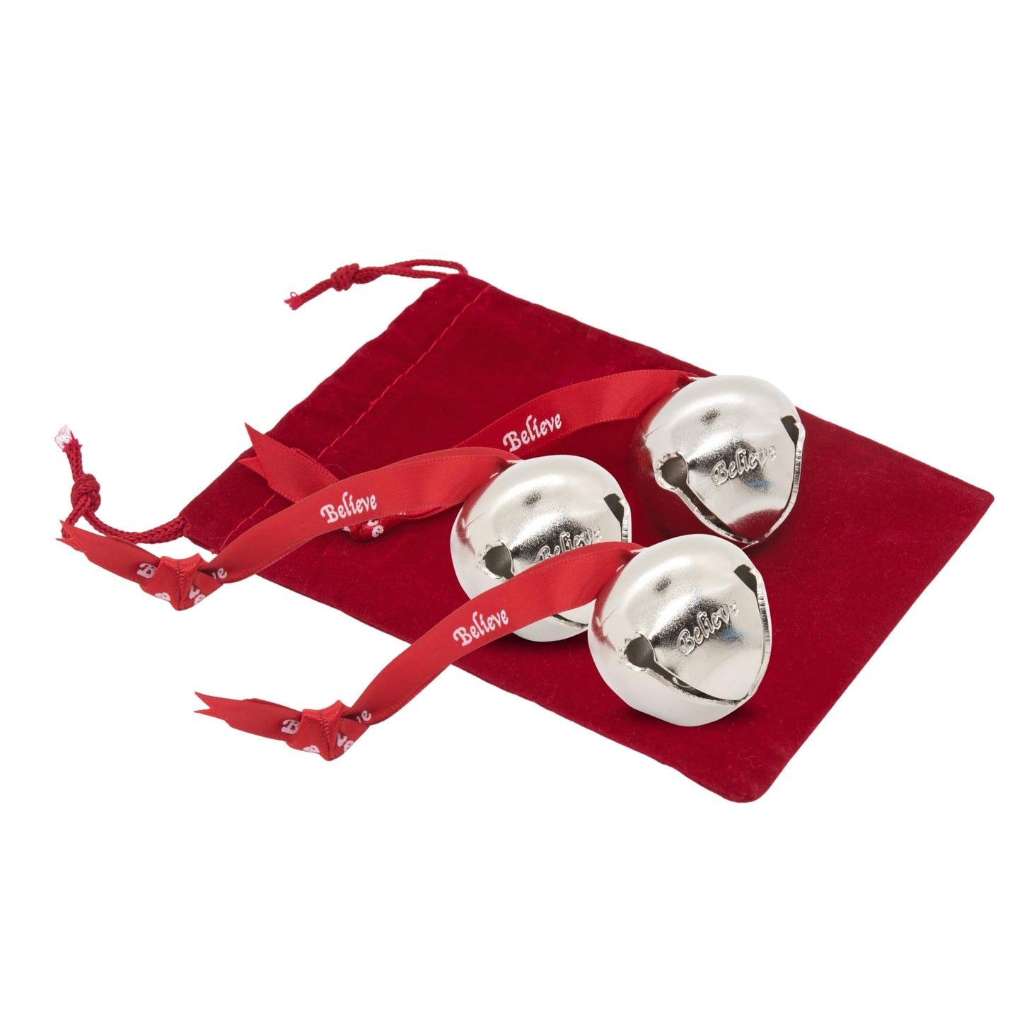 Bevin Bells Believe Sleigh Bells Ornament (3-Pack) | 1.5" Made of Steel | Hanging Bells with a Red Satin Believe Ribbon & Red Velvet Bag | Great Tone | Xmas Gift or Stocking Stuffer | Made in USA