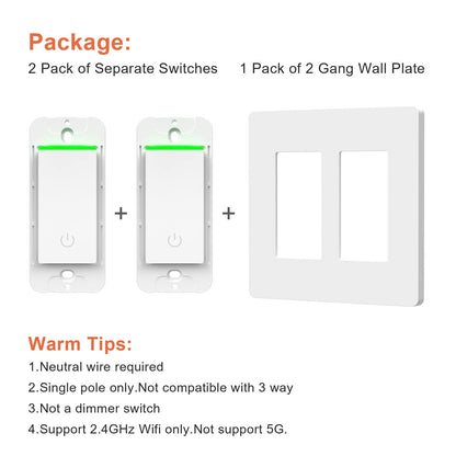 Milfra Smart Light Switch-Smart WiFi Switch 2.4Ghz Compatible with Alexa, Google Assistant,Remote Control/Voice Control and Schedule, Neutral Wire Required, Single-Pole, No Hub Required (4 Pack)