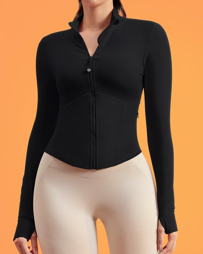 Queenie Ke BareLuxe Corset BBL Jacket for Women Zip Up Waist-Length Cropped Running Workout Athletic Top with Thumb Holes (Black, Medium)