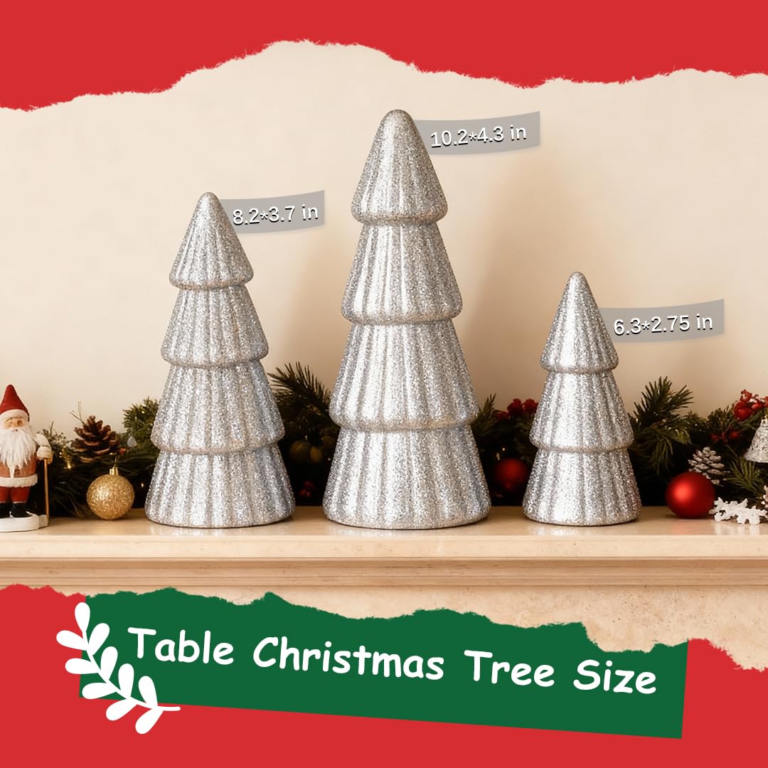 Joyhalo Tabletop Christmas Trees, Set of 3 Frosted Christmas Trees Indoor Xmas Decoration Centerpieces for Table, Mantel, Holiday, Party and Home Decor, Silver