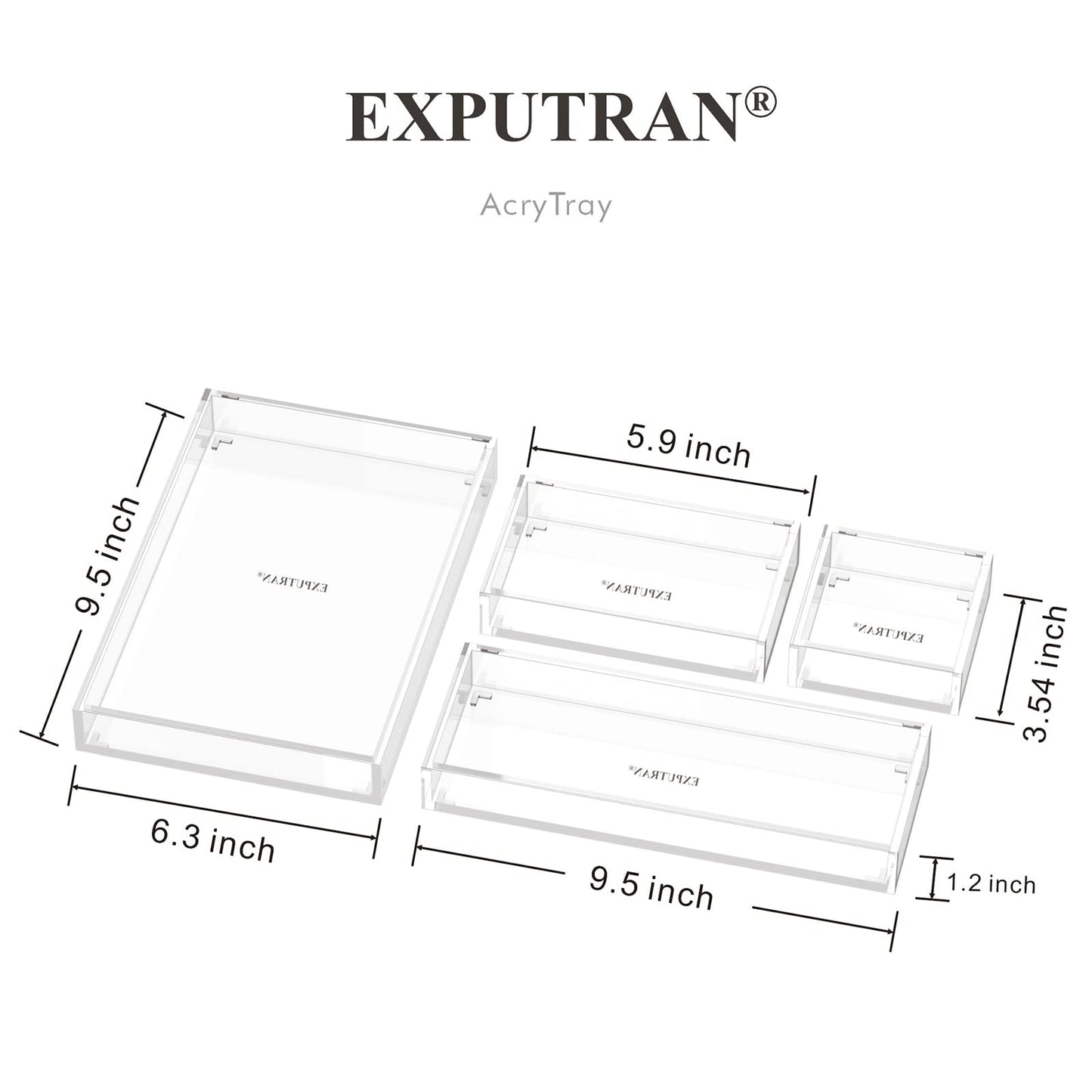 EXPUTRAN Clear Acrylic Desk Organizer for Office or Home Desk Drawer Dividers, Makeup Vanity Storage Bins, Stackable 4-Pack, Acrylic Accessory and Half Accessory Tray/Small Tray