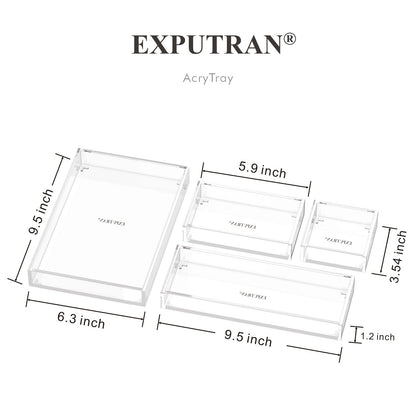 EXPUTRAN Clear Acrylic Desk Organizer for Office or Home Desk Drawer Dividers, Makeup Vanity Storage Bins, Stackable 4-Pack, Acrylic Accessory and Half Accessory Tray/Small Tray
