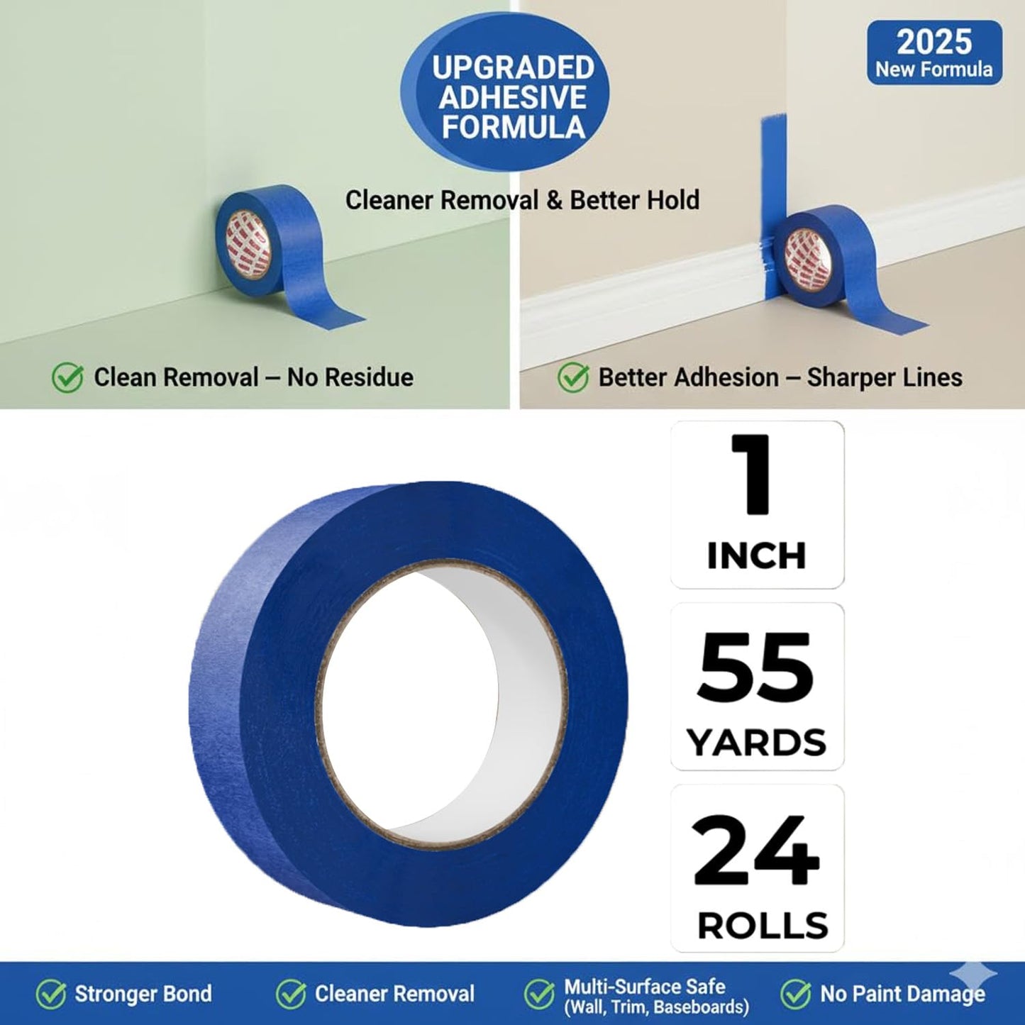 SWRT Blue Painter's Tape 1 Inch x 55 Yards x 24 Rolls (1320 Yards Total) – Upgraded Adhesive Masking Tape, Multi-Surface, Clean Removal, No Residue, for Walls, Trim, DIY, Crafts & Painting Projects