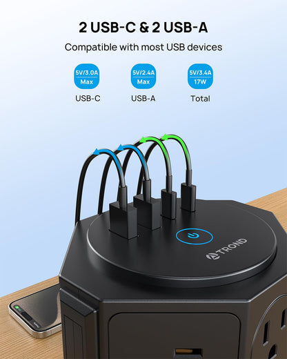 TROND Tower Surge Protector Power Strip with 14 Widely Spaced Outlets, 4 USB Ports(2 USB C), 2100J Surge Protection, 6 Feet Extension Cord with Multiple Outlets, Office Desk Supplies, Dorm Essentials
