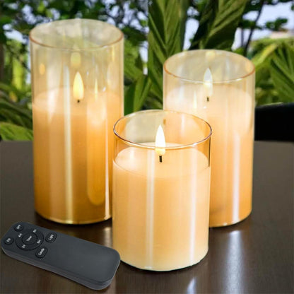 CANDLE CHOICE Real Wax Battery Operated Flameless Pillar Candles with Remote Timer Gold Glass Shell Realistic Black Wick Flickering Electric LED Lights Wedding Halloween Christmas Decorations 3 Pack