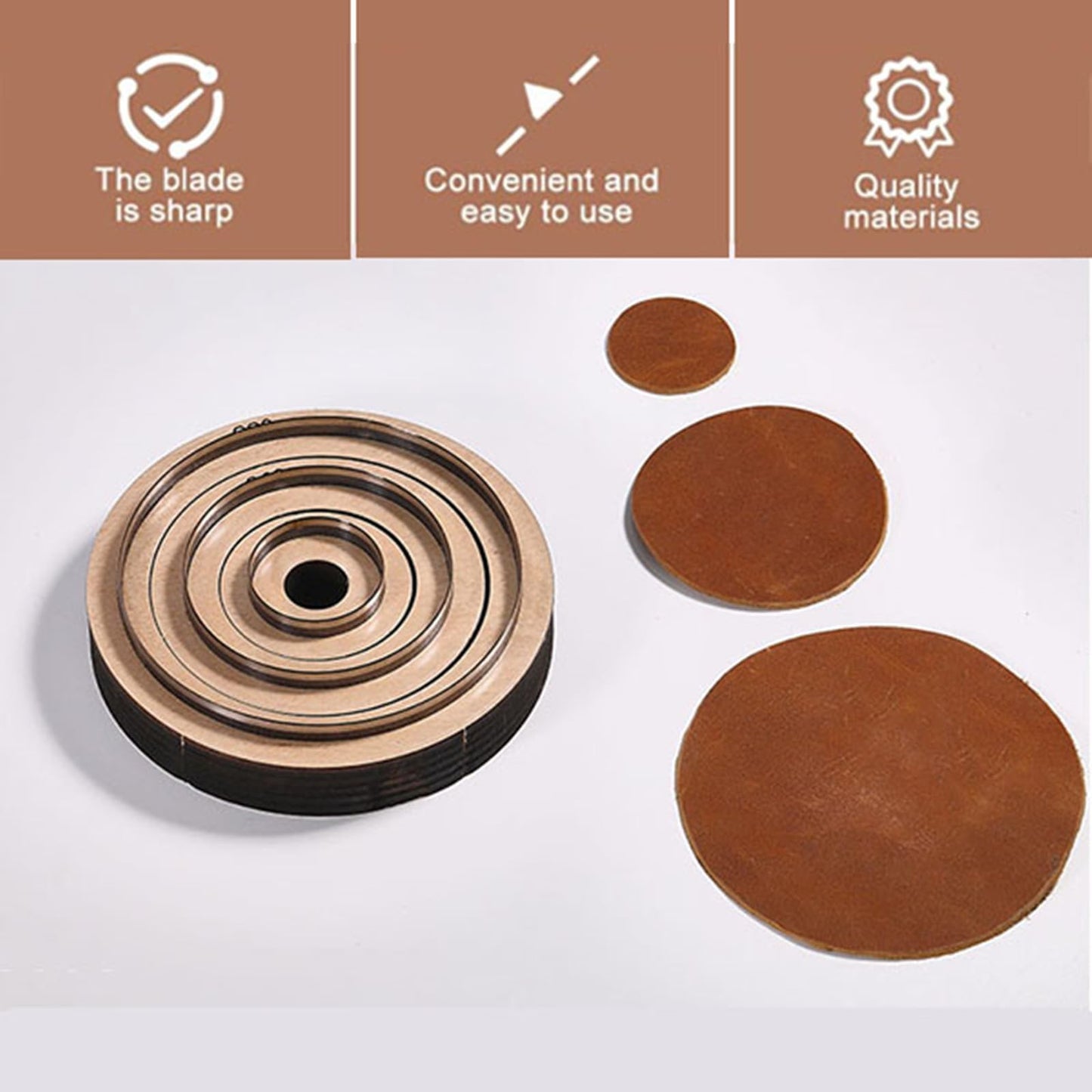 XILEWHZF 3-Piece Round Leather Cutting Die Set,Precision Cutting for Leather and Neoprene Coasters with Wooden Die-Cutting Blades.