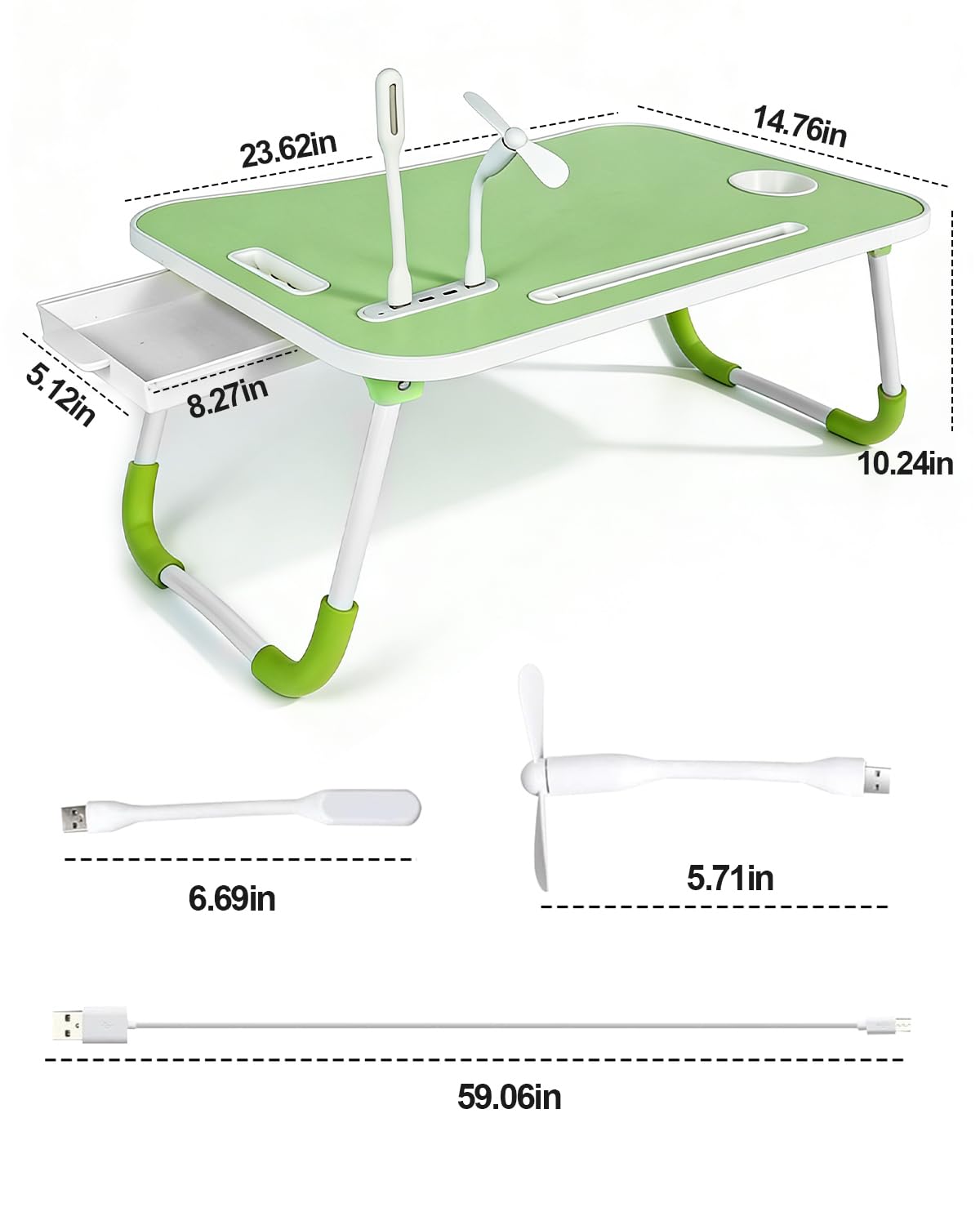 Foldable Laptop Bed Desk with Cup Holder and Fan Slot, Portable Lap Table for Work and Study, 23x15.5x9.65 Inches (Green)