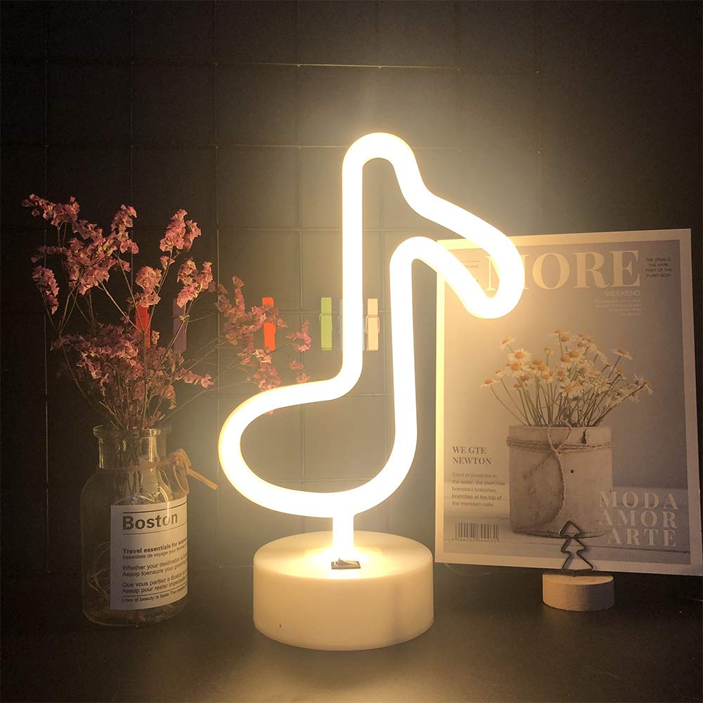 ENUOLI Music Notes Neon Lights with Base Warm White Decor Neon Sign Led Music Notes Night Light Wall Table Decor Battery Operated Creative Lighting Lamp Home Decoration Party Best Gift for Kids