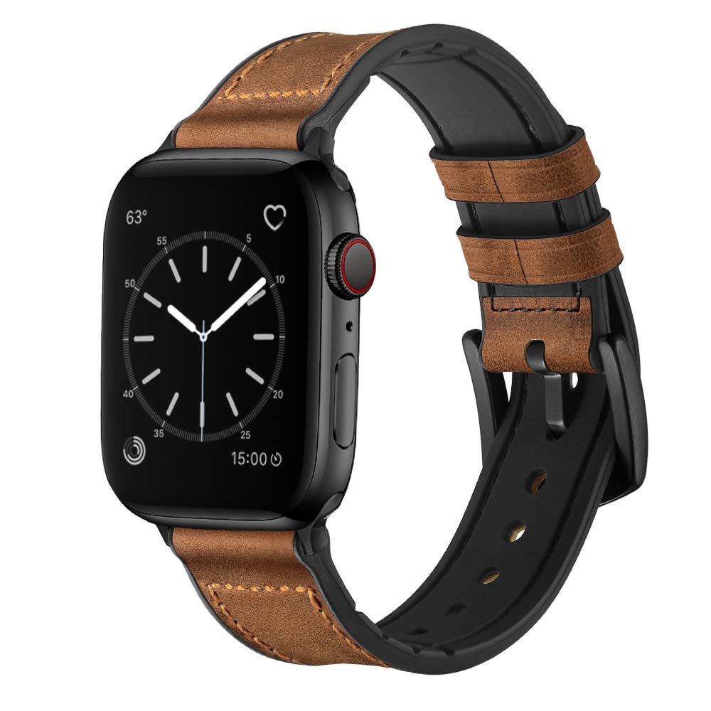 OUHENG Leather Bands Compatible with Apple Watch Band 49mm/46mm/45mm/44mm/42mm, Sweatproof Leather Rubber Hybrid Strap for iWatch Ultra 3/2/1 Series 11 10 9 8 7 6 5 4 3 2 1 SE 3/2/1, Brown/Black