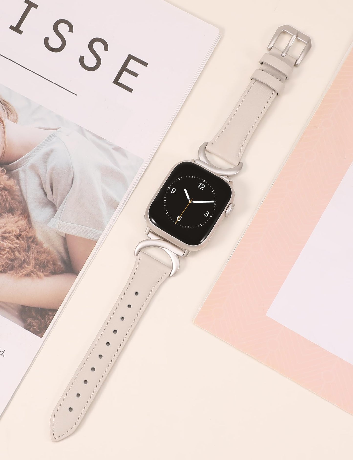 Minyee Leather Band Compatible with Apple Watch Bands 41mm 40mm 38mm 44mm 45mm 42mm 49mm Women, Slim Thin Dressy Designer Strap with C-Shape Metal Buckle for iWatch Ultra 2, Series