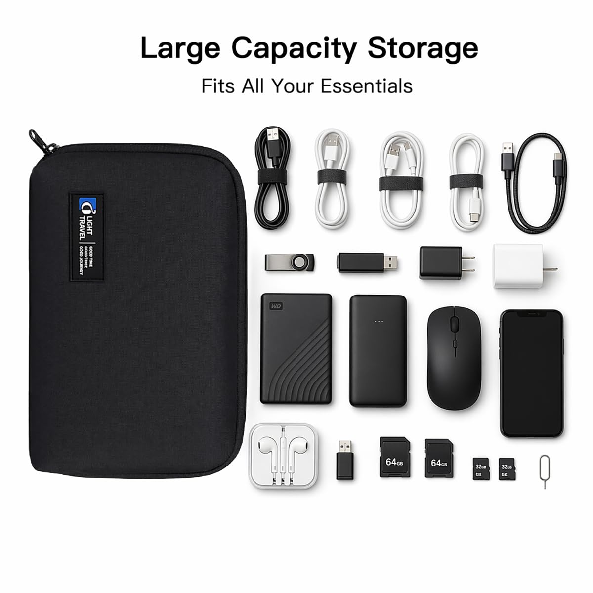 FADASTON Electronics Organizer Bag, Travel Digital Storage Pouch for Cable, Cord, Earphone, USB Flash Drive, Power Bank, Hard Drive, Portable Tech Travel Case with Multi-Compartment (Black)
