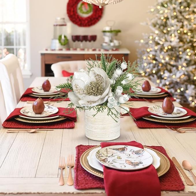 9 inch White Christmas Table Centerpiece 5" Glitter Magnolia Flower and White Berries Fir Greenery Artificial Christmas Floral Centerpiece Tabletop Christmas Table Arrangement Decor