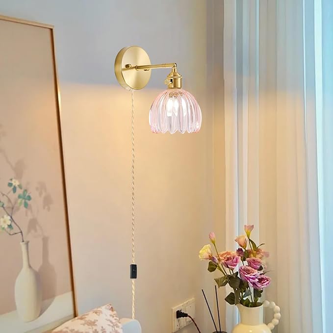 Plug in Wall Sconce, Vintage Sconce Light with Tulip Pink Glass Lampshade, 180° Adjustable Wall Sconce with Switch and Plug in Wall Lamp Cord, Gold Wall Light for Bedroom Bedside