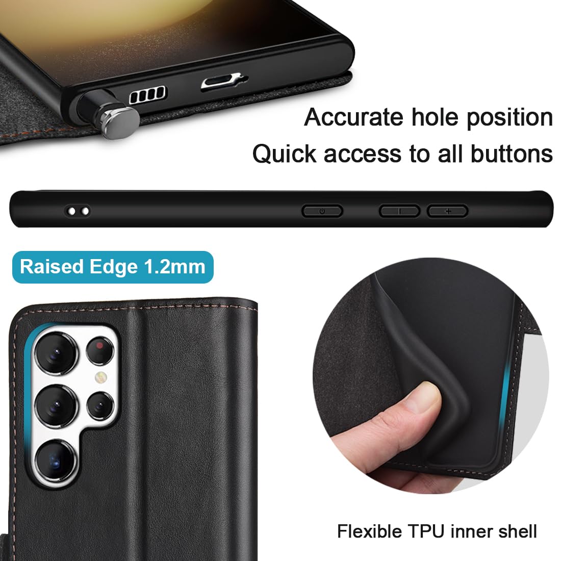 KEZiHOME for Samsung Galaxy S24 Ultra Case, Genuine Leather [RFID Blocking] Galaxy S24 Ultra Wallet Case, Card Slot Kickstand Protective Phone Cover Compatible with Samsung S24 Ultra (Black/Brown)