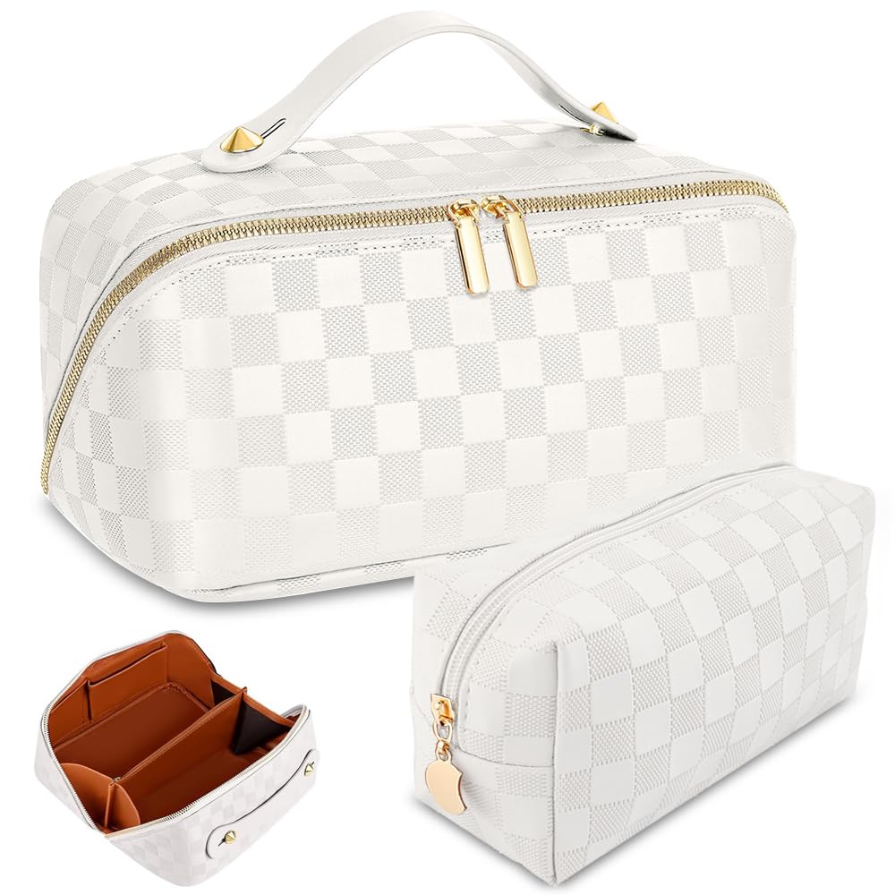 Checkered Travel Makeup Bags Cosmetic Organizer Bag: 2-Set Large Capacity Waterproof Makeup Bag - PU Leather Toiletry Bag for Women - Wide Open Portable Pouch with Handle and Divider (WHITE)