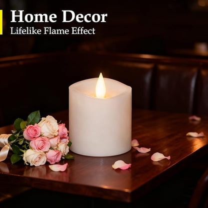 【Flameless Candles Battery Operated with Remote & Timer】 3x3 White LED Pillar Candles - 600H Flickering Flame, Realistic Fake Candles for Indoor/Outdoor Valentine's Day, Weddings, Home Decor1-Pack