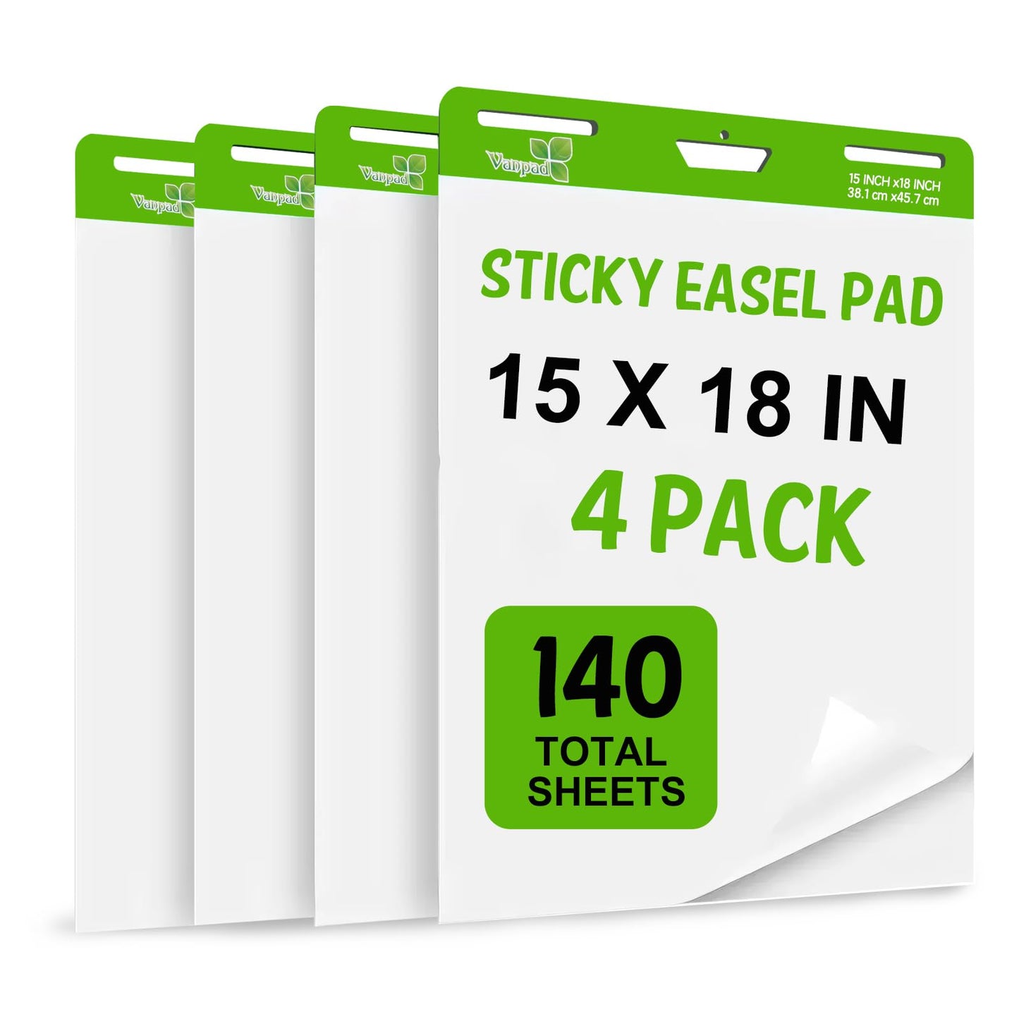Sticky Easel Pad 15 in x 18 in, 35 Sheets/Pad, 4 Pads/Pack, 140 Sheets， Large White Sticky Easel Paper for Office and Classrooms, Flip Chart Paper for Teachers，Super Sticking Power & Bleed-Resistant