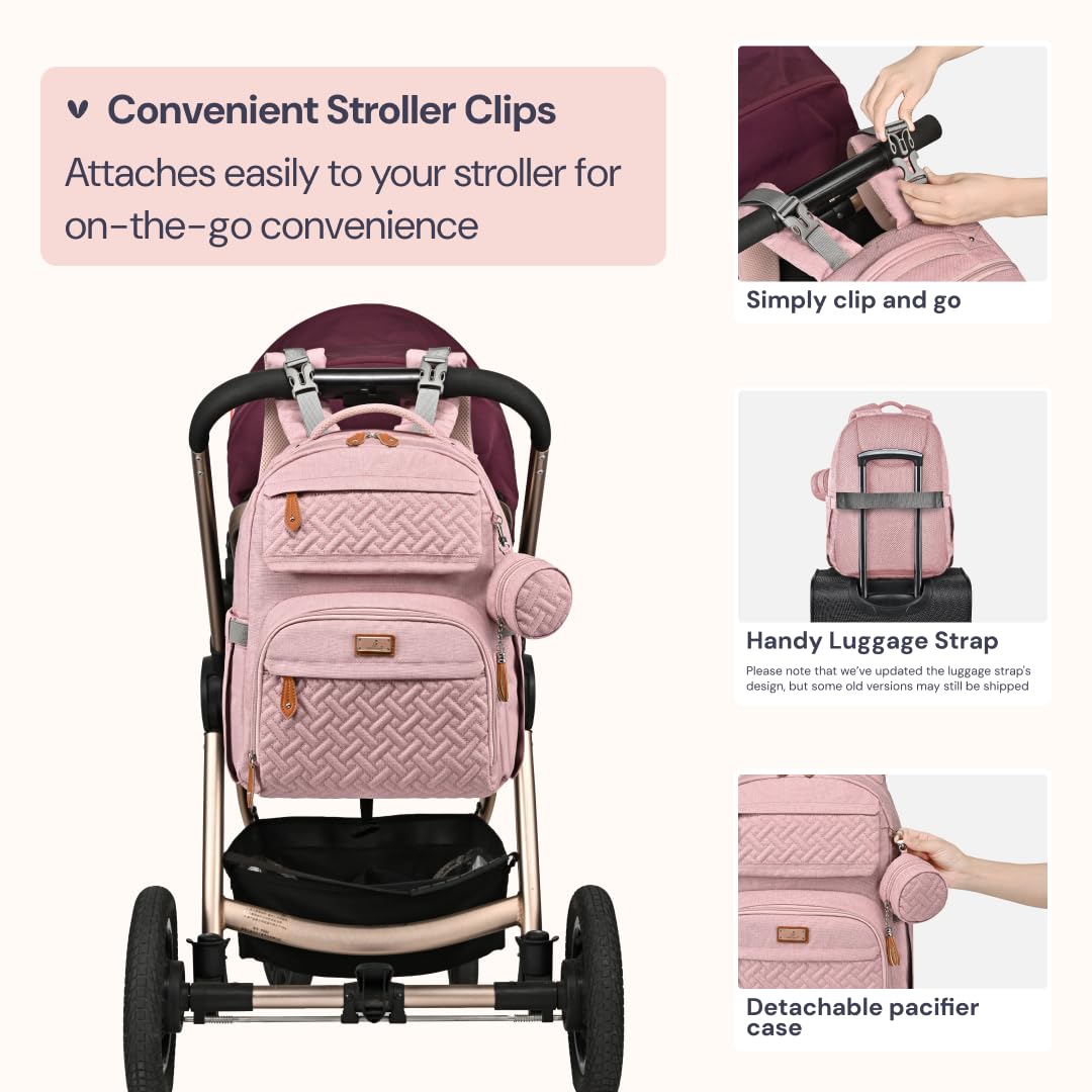 BabbleRoo Diaper Bag Backpack - Travel Large Baby Diaper Bag with Changing pad, Waterproof Baby Bags for Mom & Dad, Unisex Bags with Pacifier Case, Luggage Strap & Stroller Clips– Pink