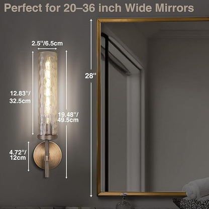 Brass Sconces Wall Lighting 19.48" with Rippled Glass Shade, Solid Knurled Brass Wall Sconces, Vintage Industrial Sconce Lamps for Bedroom Bathroom Entryway & Staircase Mirror Decor(Including Bulb)