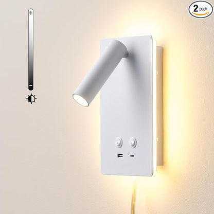 LED Wall Lamp Wall Mounted Reading Lights with 3 Brightness Dimmable, Adjustable Headboard Plug in Wall Sconce with USB C+A Ports, Bed Side Lamp with 9W+3W Night Light 3000K