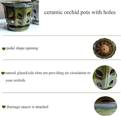 Orchid Pots with Holes 6 inch Ceramic Orchid Pot with Attached Saucer and Drainage Hole (mossgreen)