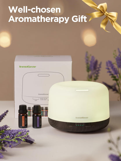 InnoGear Aromatherapy Diffuser & 10 Essential Oils Set, 500ml Essential Oil Diffuser with Remote Control Ultrasonic Cool Mist Scent Humidifier Vaporizer Auto-Off Timer for Room Office Home, Yellow