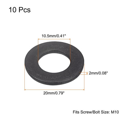uxcell Carbon Steel Flat Washer Fits M10 Bolts, 10pcs M10 x 20 x 2mm Black Oxidized Grade 8.8 Alloy Steel Fasteners for Mechanical Industry