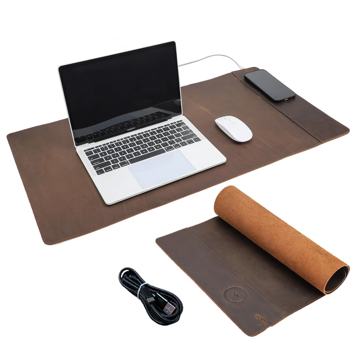 Contacts Full Grain Leather Wireless Charging Desk Mat with 15W Wireless Charger Type C Chargering Port Computer Desk Pad Large Mouse Pad 80x40 cm