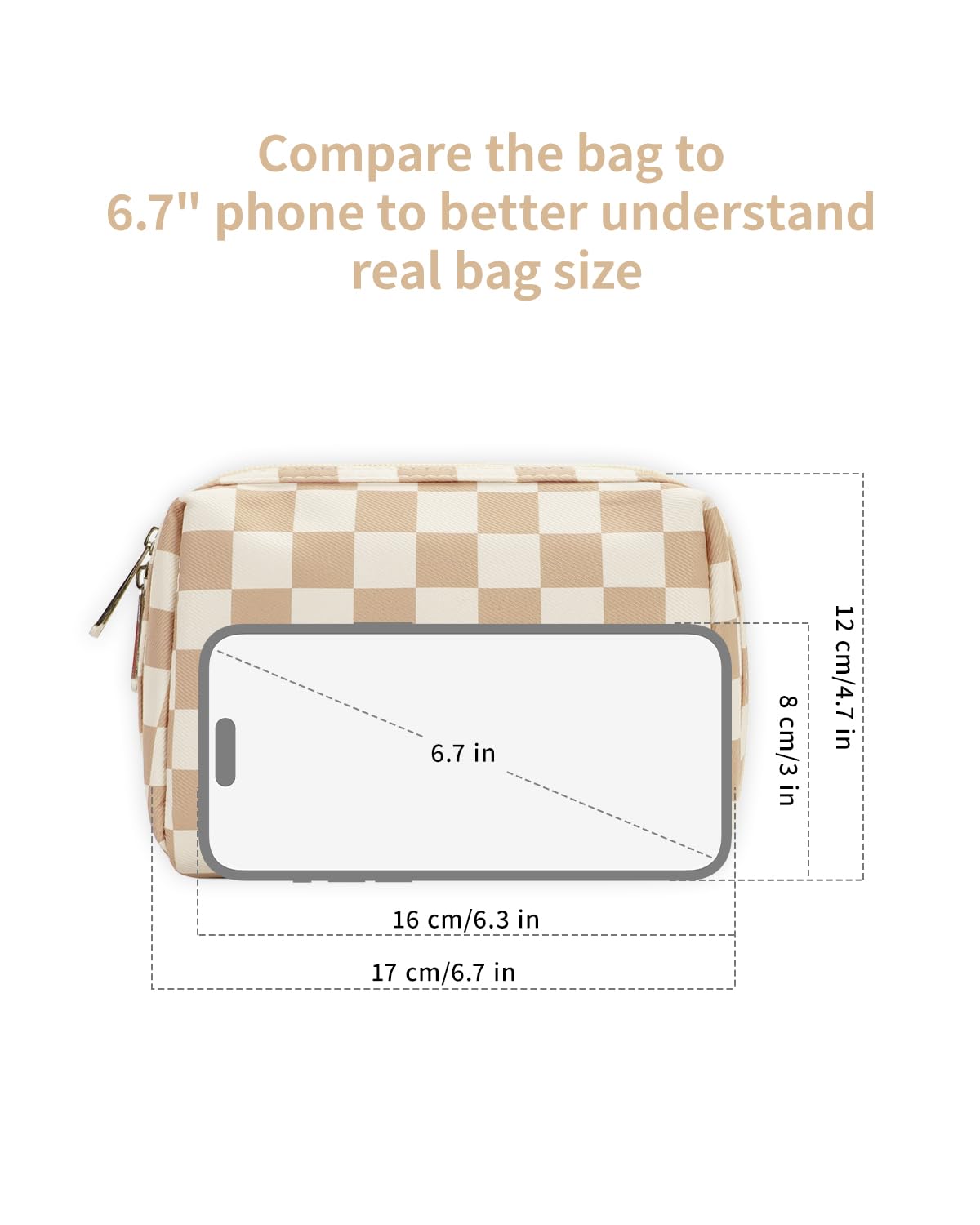 Narwey Small Checkered Makeup Bag for Purse Mini Cosmetic Bag Travel Makeup Pouch Zipper Pouch Cute Make up Bags with Compartments for Women Girls (Light Checkerboard, Small)