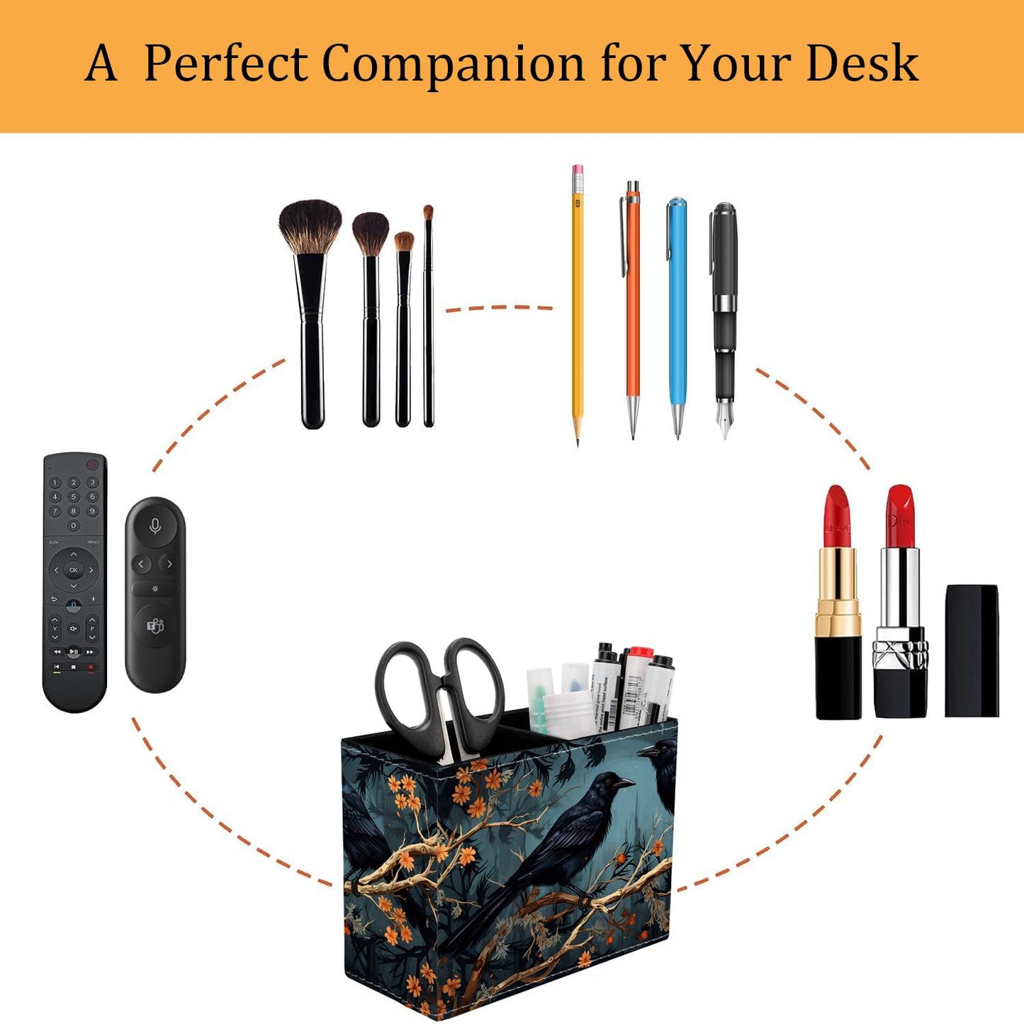 VSHSEEOM Pen Holder for Desk, PU Leather Multifunctional Desktop Storage Box and Anti-Slip Mouse Pad Set, Makeup Brush Holder Pen Organizer for Office and Home - Branch Crow