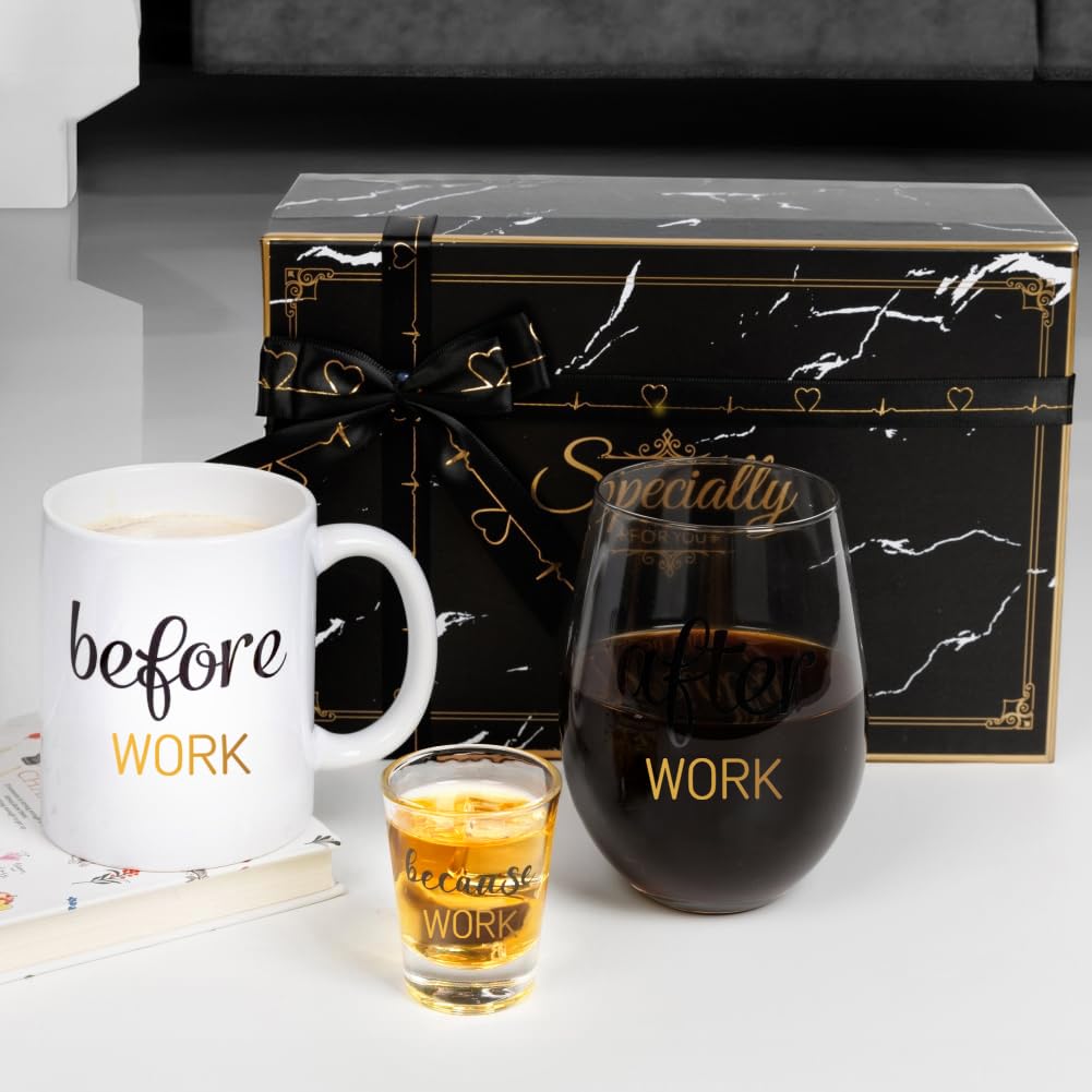 PUGED Before Work After Work Because Work Gift Set 11 oz Coffee Mug 18 oz Wine Glass 2 oz Shot Glass with Gifted Box for Coworkers Boss Office Gifts Bosses Day Christmas Farewell Party Gift (Black)
