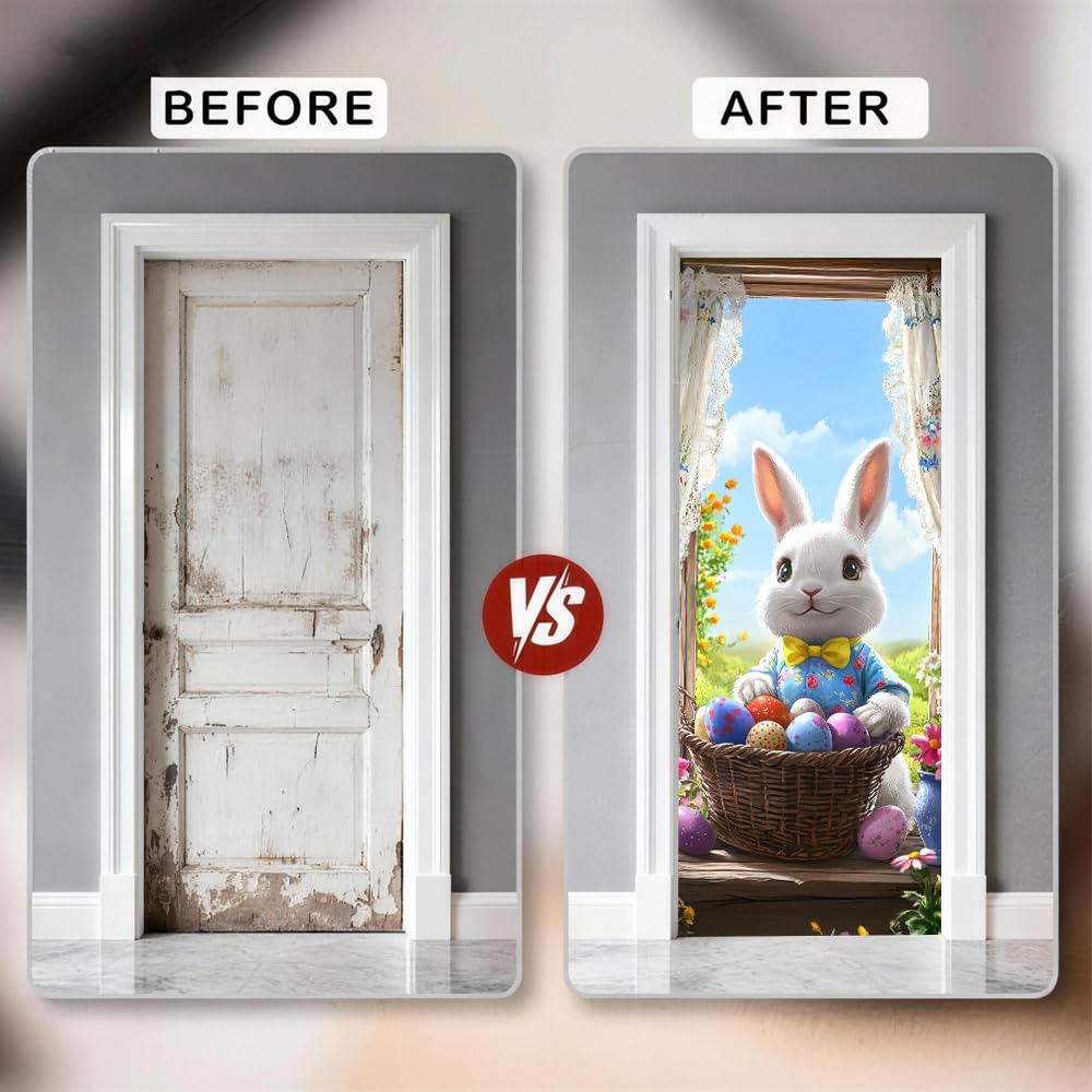 WDESYADMS PVC Self Adhesive Door Sticker 30.3x78.7 Inch Easter Bunny with Basket of Eggs Design Peel and Stick Decorative Door Decal for Bedroom Living Room Entryway Spring Home Decor