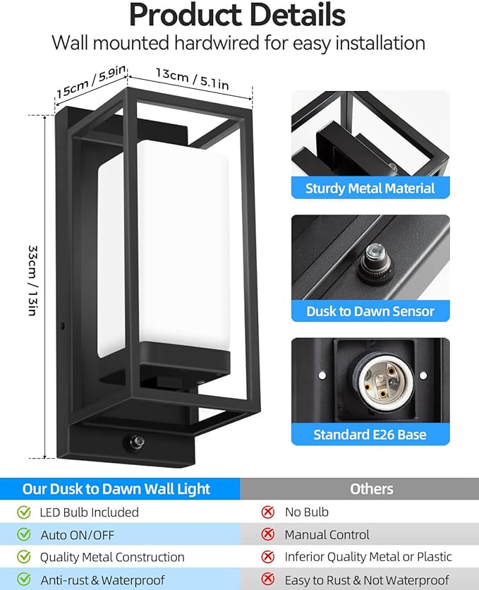 RAYVO Modern Outdoor Wall Light with Dusk to Dawn Sensor, Waterproof Exterior Lighting Fixtures with E26 Base, 3000K LED Bulb Included, Black Outdoor Sconce Lights for Porch Garage Entryway, 2 Pack