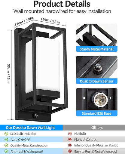RAYVO Modern Outdoor Wall Light with Dusk to Dawn Sensor, Waterproof Exterior Light Fixture with E26 Base, 3000K LED Bulb Included, Black Metal Frame Outdoor Sconce Lights for Porch Garage Entryway