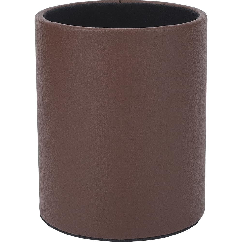 CALFOVERA PU Leather Round Pencil Cup Holder for Desk Multifunctional Stationery Container Luxury Brown Leather Pens Glitter Bling Makeup Brush Stroage Box Case Desktop Organizer for Office