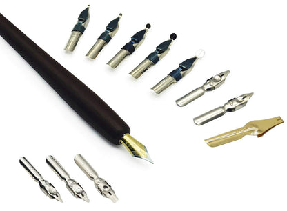 Plotube Calligraphy Pen Set – Includes Wooden Dip Pen, Antique Brass Holder, 11 Nibs, 7 Colors Ink Bottles and Beginner's Manual